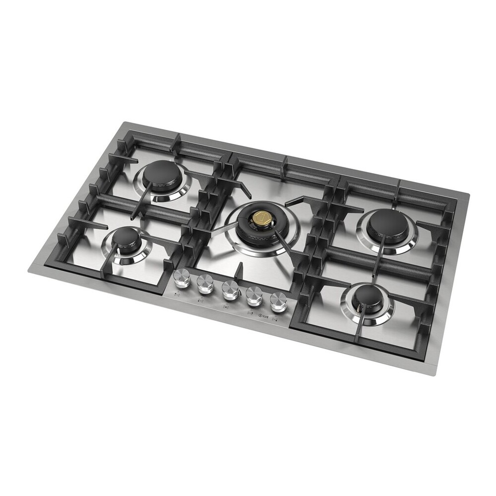 ILVE UHCPT95SS Professional Plus II 36 inch Built-In Gas Cooktop with Total Black Brass Burners, in Stainless Steel (5 Sealed Burners, Natural Gas) 4 ILVE UHCPT95SS right angle
