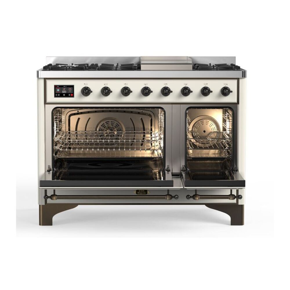 ILVE UM12FDNS3AWB Majestic II 48 inch Dual Fuel Range with 8 Black Brass Burners, Griddle (Natural Gas, Triple Glass Door, Antique White, Burnished) 5 ILVE_UM12FDNS3AWB_Majestic_II_48_Dual_Fuel_Range_Front_View