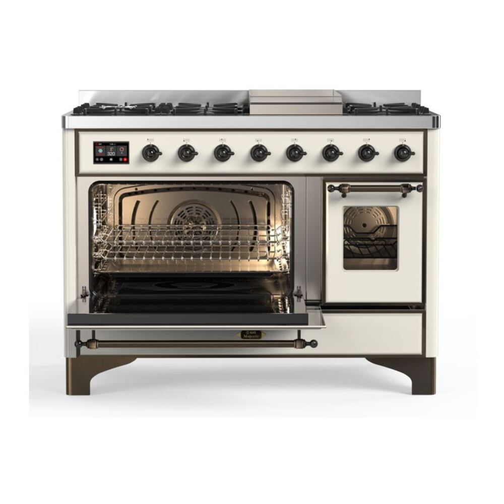 ILVE UM12FDNS3AWB Majestic II 48 inch Dual Fuel Range with 8 Black Brass Burners, Griddle (Natural Gas, Triple Glass Door, Antique White, Burnished) 8 ILVE_UM12FDNS3AWB_Majestic_II_48_Dual_Fuel_Range_Top_Angle