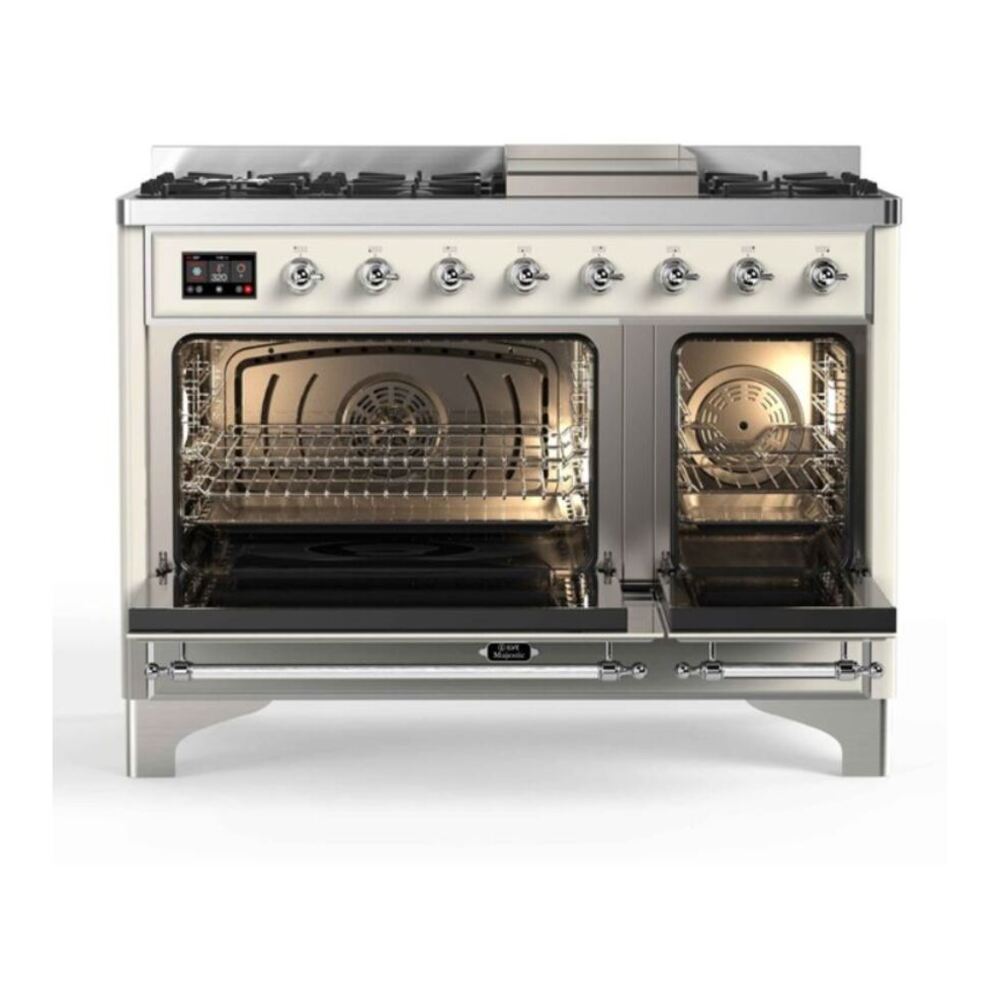 ILVE UM12FDNS3AWC Majestic II 48 inch Dual Fuel Range with 8 Black Brass Burners, Griddle (Natural Gas, Triple Glass Door, Antique White, Chrome) 5 ILVE_UM12FDNS3AWC_Majestic_II_48_Dual_Fuel_Range_Front_View