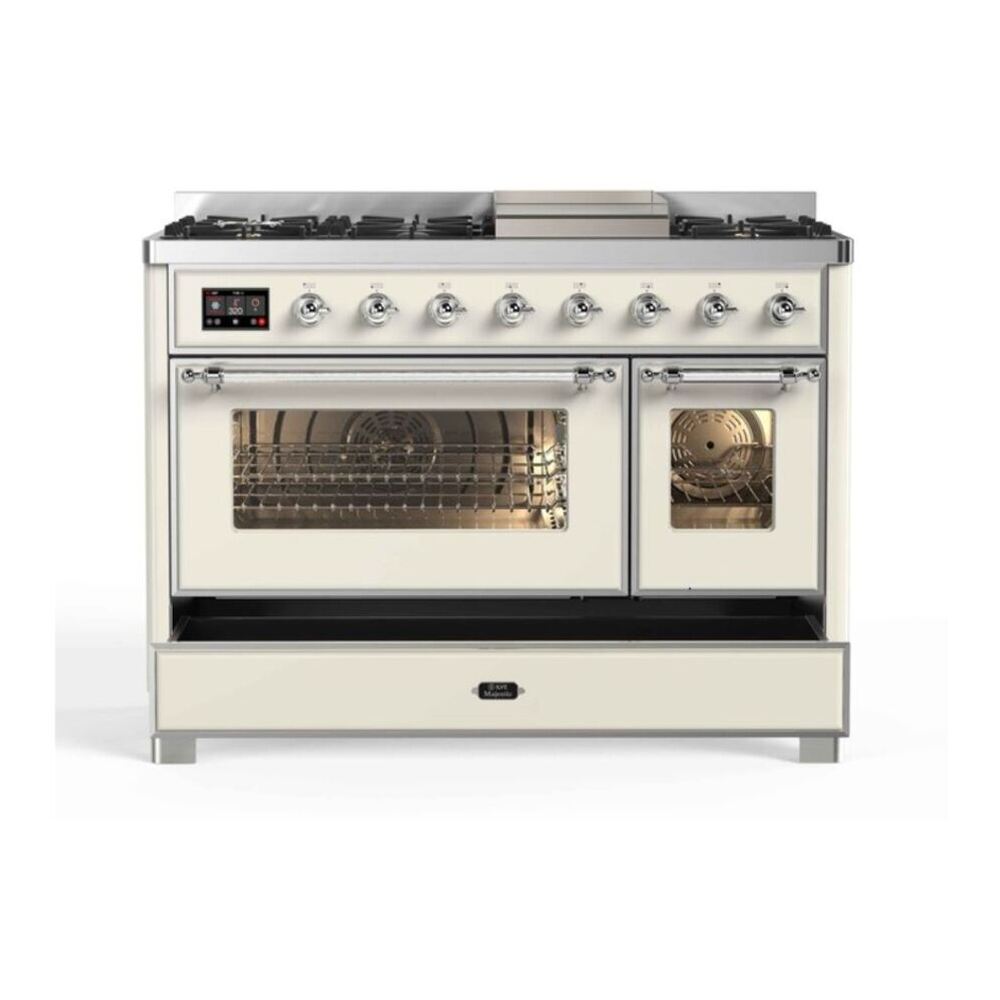 ILVE UM12FDNS3AWC Majestic II 48 inch Dual Fuel Range with 8 Black Brass Burners, Griddle (Natural Gas, Triple Glass Door, Antique White, Chrome) 8 ILVE_UM12FDNS3AWC_Majestic_II_48_Dual_Fuel_Range_Top_Angle