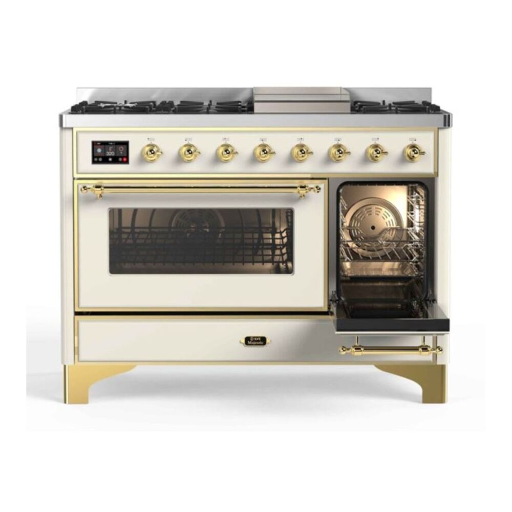 ILVE UM12FDNS3AWGLP Majestic II 48 inch Dual Fuel Range with 8 Black Brass Burners, Griddle (Liquid Propane, Triple Glass Door, Antique White, Brass) 10 ILVE UM12F Majestic II 48 inch Dual Fuel Range with 8 Burners, Griddle