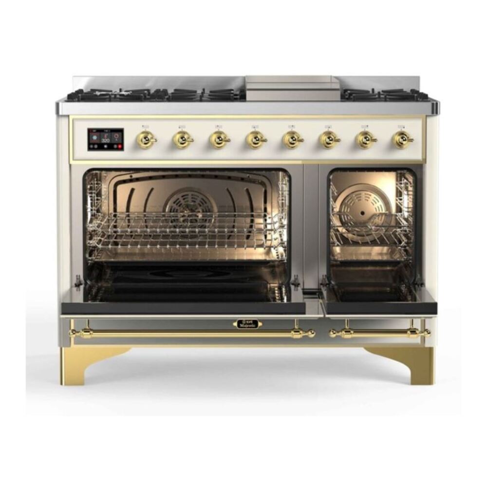 ILVE UM12FDNS3AWG Majestic II 48 inch Dual Fuel Range with 8 Black Brass Burners, Griddle (Natural Gas, Triple Glass Door, Antique White, Brass) 8 ILVE_UM12FDNS3AWG_Majestic_II_48_Dual_Fuel_Range_Front_View