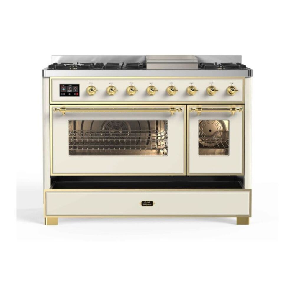 ILVE UM12FDNS3AWG Majestic II 48 inch Dual Fuel Range with 8 Black Brass Burners, Griddle (Natural Gas, Triple Glass Door, Antique White, Brass) 11 ILVE_UM12FDNS3AWG_Majestic_II_48_Dual_Fuel_Range_Top_Angle