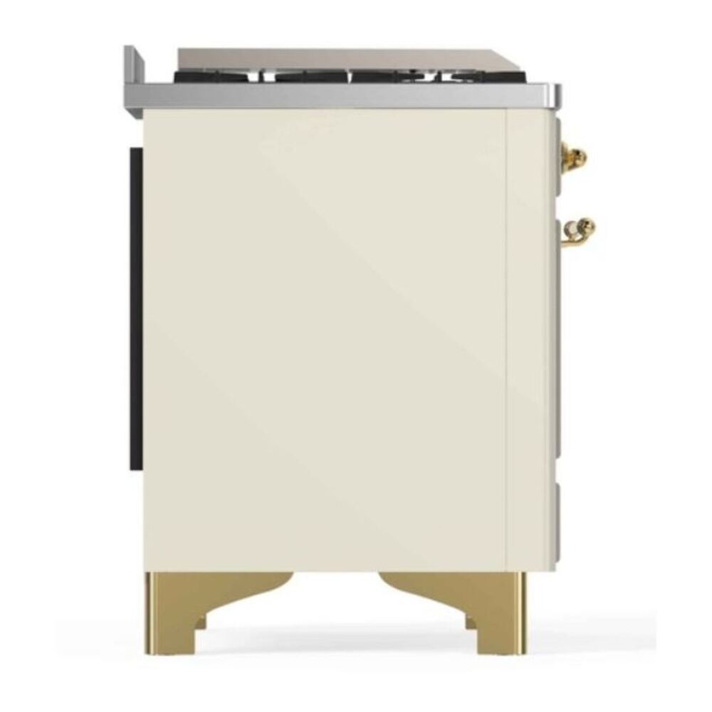 ILVE UM12FDNS3AWG Majestic II 48 inch Dual Fuel Range with 8 Black Brass Burners, Griddle (Natural Gas, Triple Glass Door, Antique White, Brass) 14 ILVE_UM12FDNS3AWG_Majestic_II_48_Dual_Fuel_Range_Left_Angle