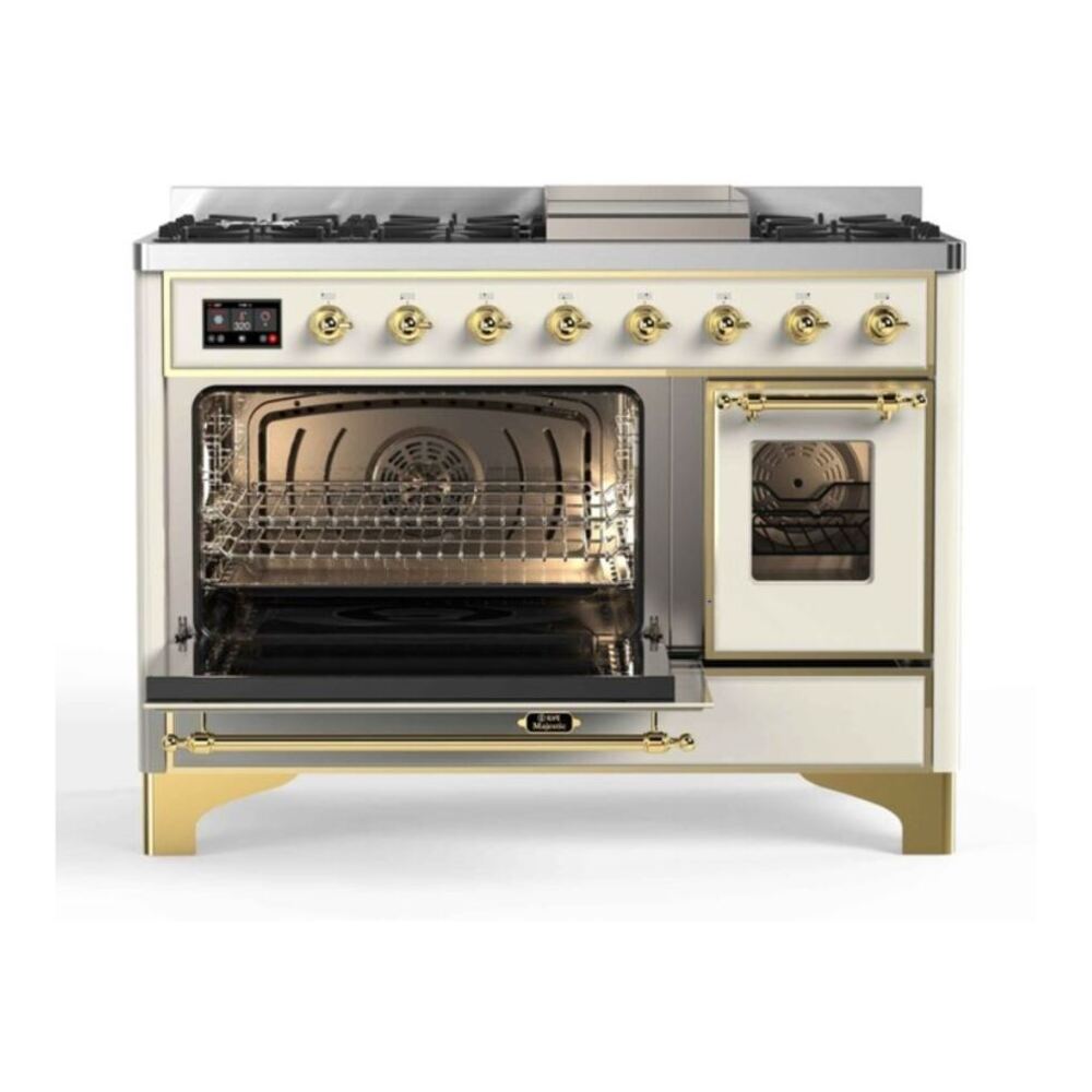 ILVE UM12FDNS3AWG Majestic II 48 inch Dual Fuel Range with 8 Black Brass Burners, Griddle (Natural Gas, Triple Glass Door, Antique White, Brass) 9 ILVE UM12F Majestic II 48 inch Dual Fuel Range with 8 Burners, Griddle