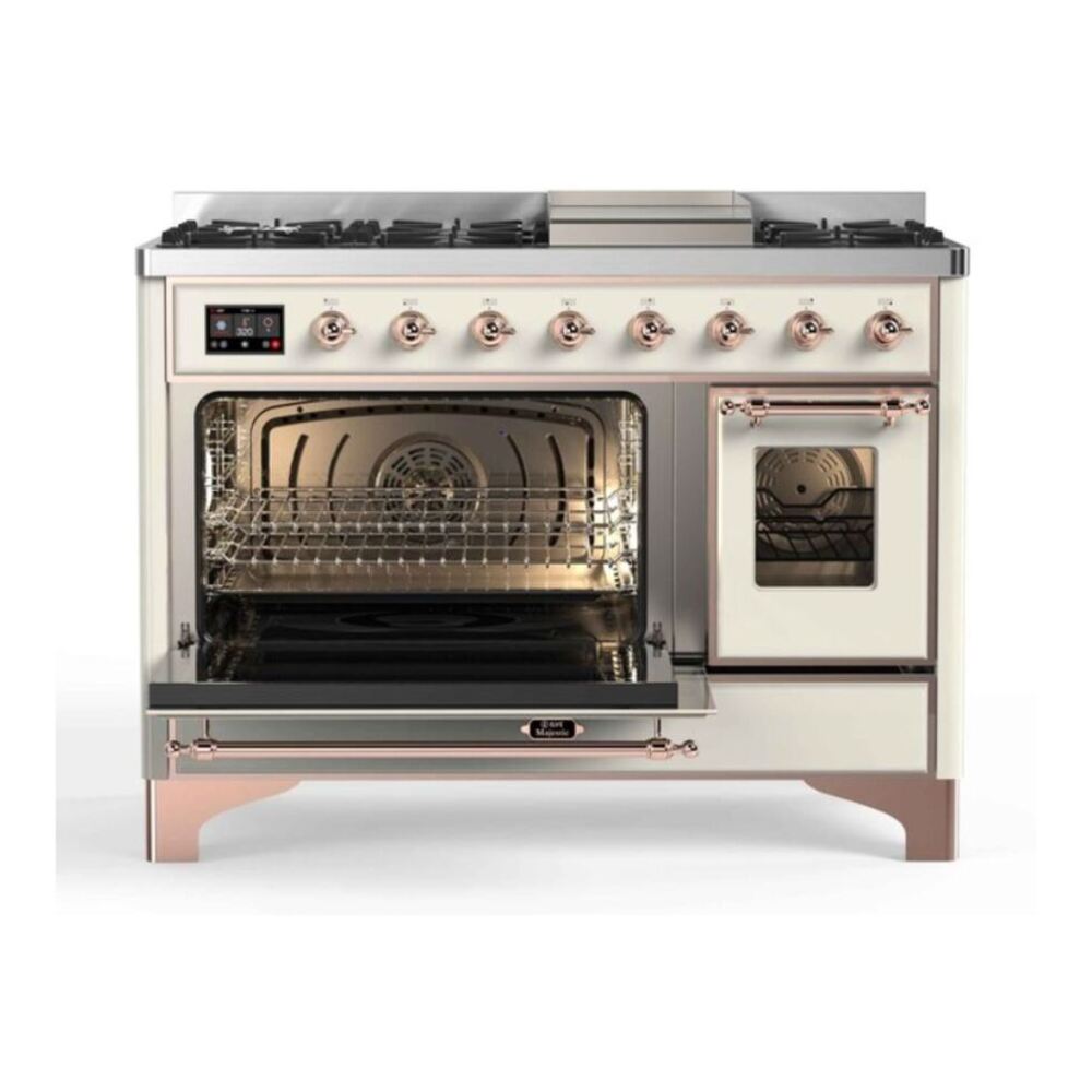 ILVE UM12FDNS3AWPLP Majestic II 48 inch Dual Fuel Range with 8 Black Brass Burners, Griddle (Liquid Propane, Triple Glass Door, Antique White, Copper) 6 ILVE UM12F Majestic II 48 inch Dual Fuel Range with 8 Burners, Griddle