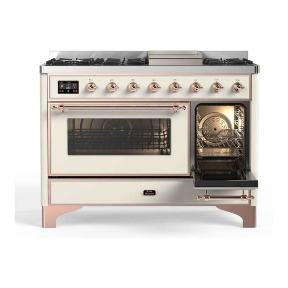 ILVE UM12FDNS3AWPLP Majestic II 48 inch Dual Fuel Range with 8 Black Brass Burners, Griddle (Liquid Propane, Triple Glass Door, Antique White, Copper) 7 ILVE UM12F Majestic II 48 inch Dual Fuel Range with 8 Burners, Griddle