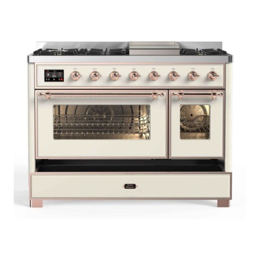 ILVE UM12FDNS3AWPLP Majestic II 48 inch Dual Fuel Range with 8 Black Brass Burners, Griddle (Liquid Propane, Triple Glass Door, Antique White, Copper) 8 ILVE UM12F Majestic II 48 inch Dual Fuel Range with 8 Burners, Griddle