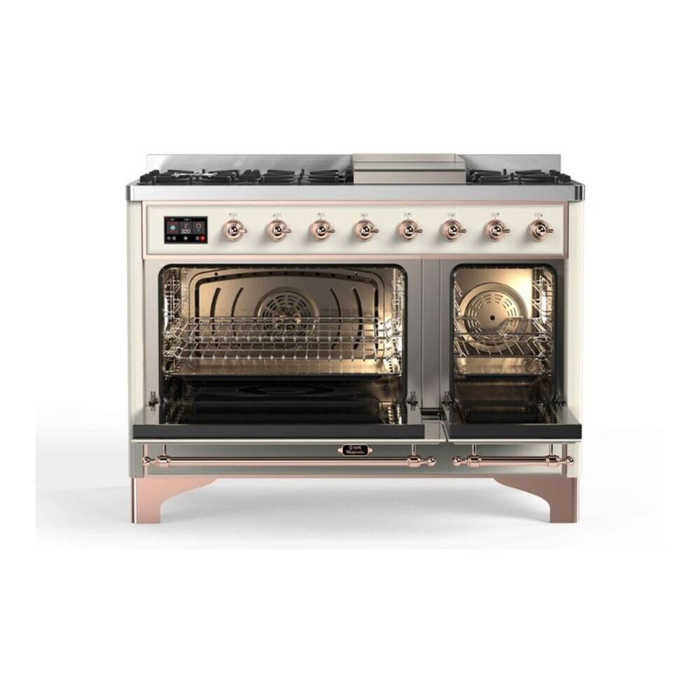 ILVE UM12FDNS3AWP Majestic II 48 inch Dual Fuel Range with 8 Black Brass Burners, Griddle (Natural Gas, Triple Glass Door, Antique White, Copper) 5 ILVE_UM12FDNS3AWP_Majestic_II_48"_Dual_Fuel_Range_Top_Angle