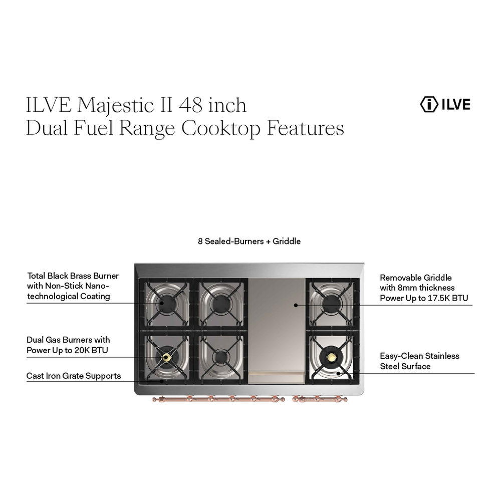 ILVE UM12FDNS3AWP Majestic II 48 inch Dual Fuel Range with 8 Black Brass Burners, Griddle (Natural Gas, Triple Glass Door, Antique White, Copper) 4 UM12FDNS3AWP cooktop features