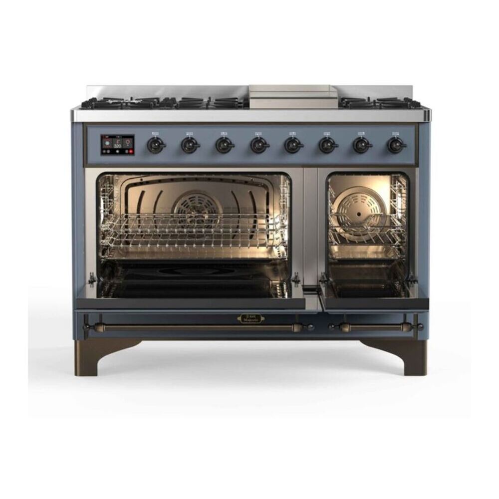 ILVE UM12FDNS3BGBLP Majestic II 48 inch Dual Fuel Range with 8 Black Brass Burners, Griddle (Liquid Propane, Triple Glass Door, Blue Grey, Burnished) 9 ILVE UM12F Majestic II 48 inch Dual Fuel Range with 8 Burners, Griddle