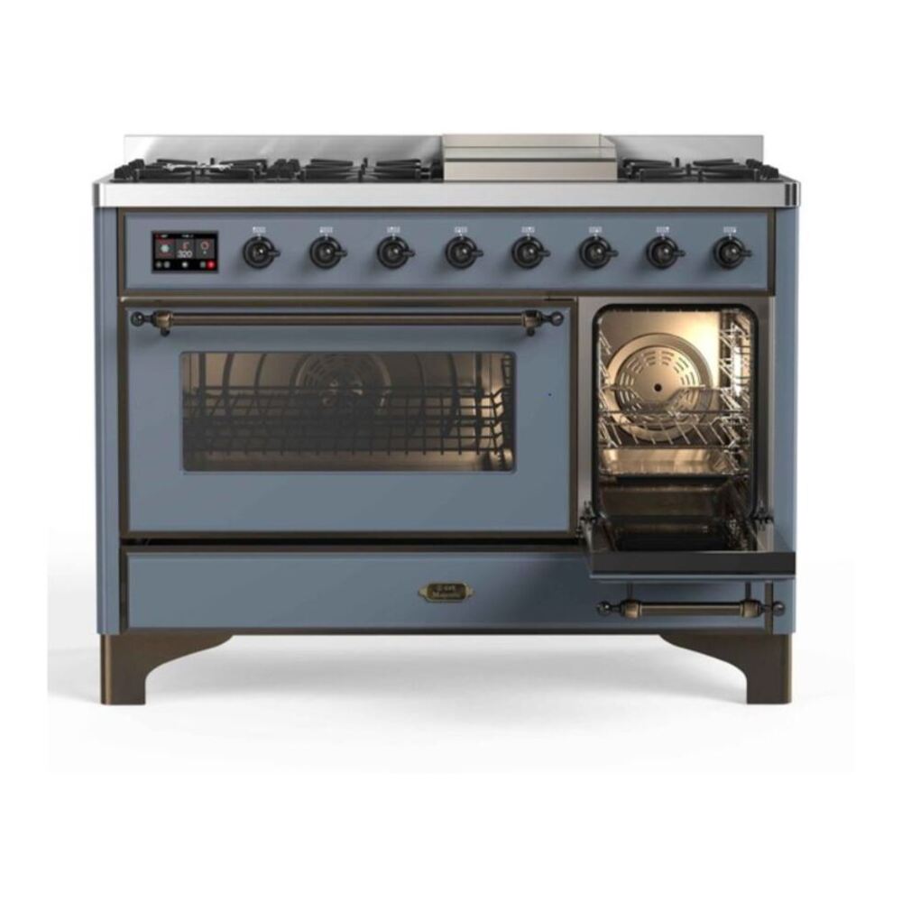 ILVE UM12FDNS3BGBLP Majestic II 48 inch Dual Fuel Range with 8 Black Brass Burners, Griddle (Liquid Propane, Triple Glass Door, Blue Grey, Burnished) 11 ILVE UM12F Majestic II 48 inch Dual Fuel Range with 8 Burners, Griddle