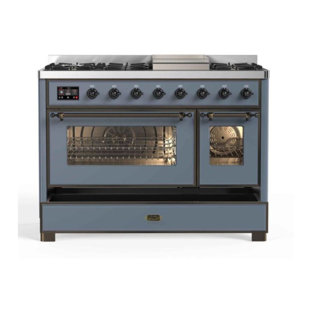 ILVE UM12FDNS3BGBLP Majestic II 48 inch Dual Fuel Range with 8 Black Brass Burners, Griddle (Liquid Propane, Triple Glass Door, Blue Grey, Burnished) 12 ILVE UM12F Majestic II 48 inch Dual Fuel Range with 8 Burners, Griddle