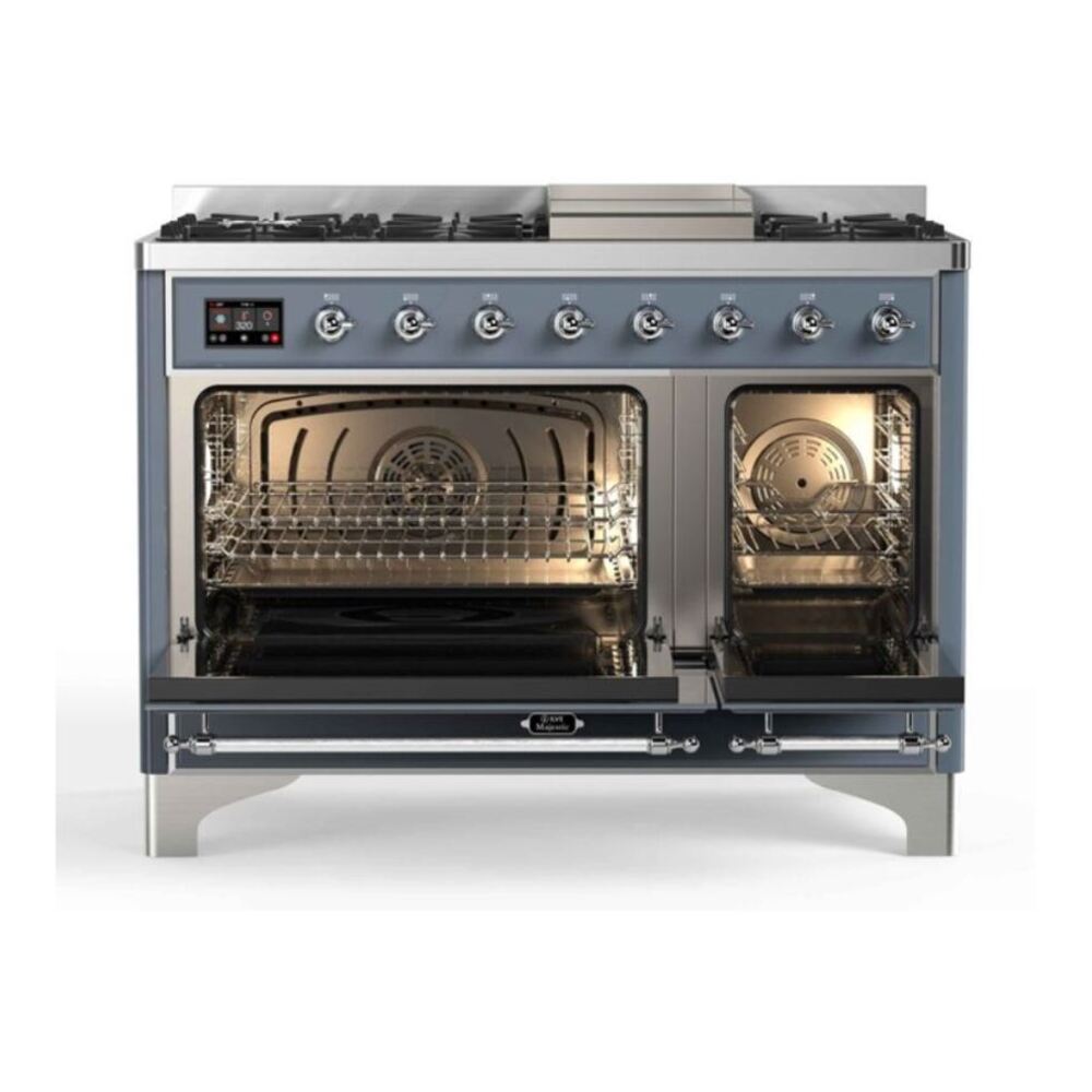 ILVE UM12FDNS3BGCLP Majestic II 48 inch Dual Fuel Range with 8 Black Brass Burners, Griddle (Liquid Propane, Triple Glass Door, Blue Grey, Chrome) 5 ILVE_UM12FDNS3BGCLP_Majestic_II_48"_Dual_Fuel_Range_oven_opened