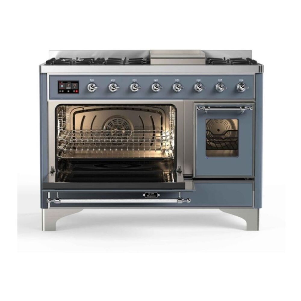 ILVE UM12FDNS3BGCLP Majestic II 48 inch Dual Fuel Range with 8 Black Brass Burners, Griddle (Liquid Propane, Triple Glass Door, Blue Grey, Chrome) 6 ILVE_UM12FDNS3BGCLP_Majestic_II_48"_Dual_Fuel_Range_left_oven
