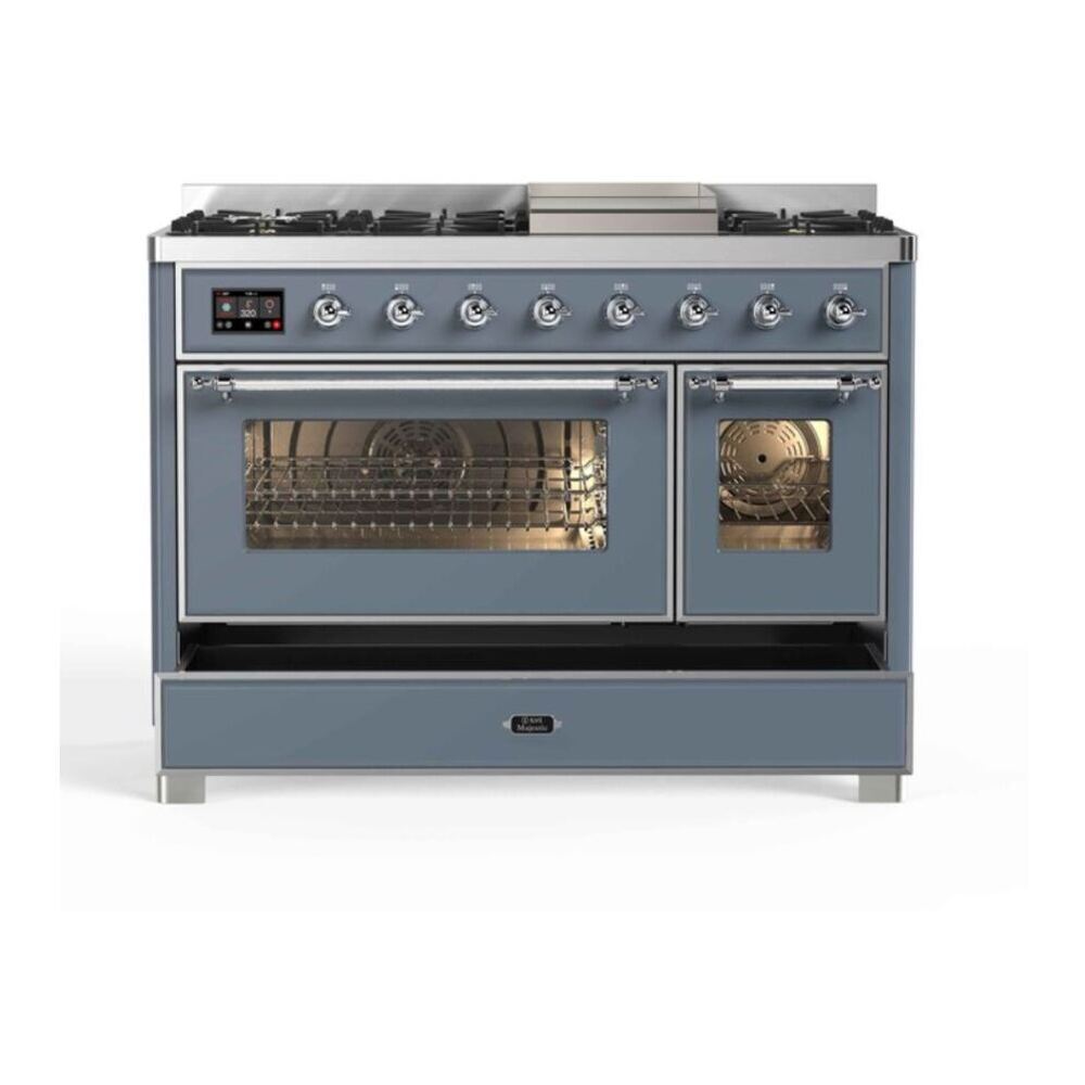 ILVE UM12FDNS3BGCLP Majestic II 48 inch Dual Fuel Range with 8 Black Brass Burners, Griddle (Liquid Propane, Triple Glass Door, Blue Grey, Chrome) 8 ILVE_UM12FDNS3BGCLP_Majestic_II_48"_Dual_Fuel_Range_drawer_opened
