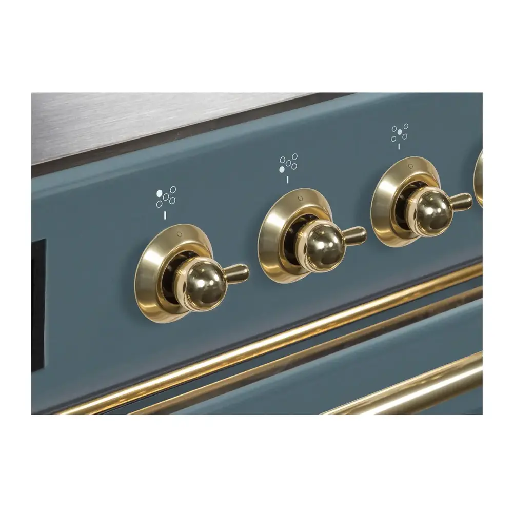 ILVE UM12FDNS3BGGLP Majestic II 48 inch Dual Fuel Range with 8 Black Brass Burners, Griddle (Liquid Propane, Triple Glass Door, Blue Grey, Brass) 14 ILVE_UM12FDNS3BGGLP_Majestic_II_48"_Dual_Fuel_Range_knobs
