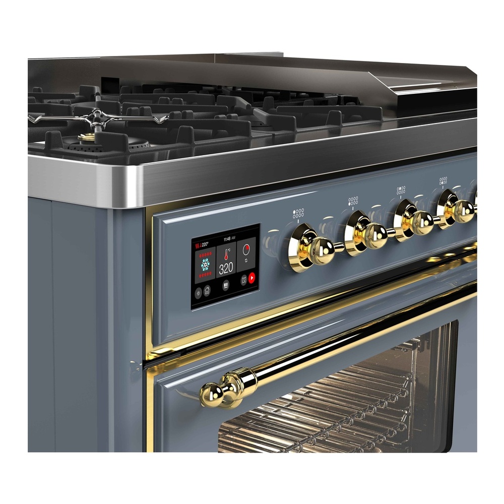 ILVE UM12FDNS3BGG Majestic II 48 inch Dual Fuel Range with 8 Black Brass Burners, Griddle (Natural Gas, Triple Glass Door, Blue Grey, Brass) 9 ILVE_UM12FDNS3BGG_Majestic_II_48"_Dual_Fuel_Range_front