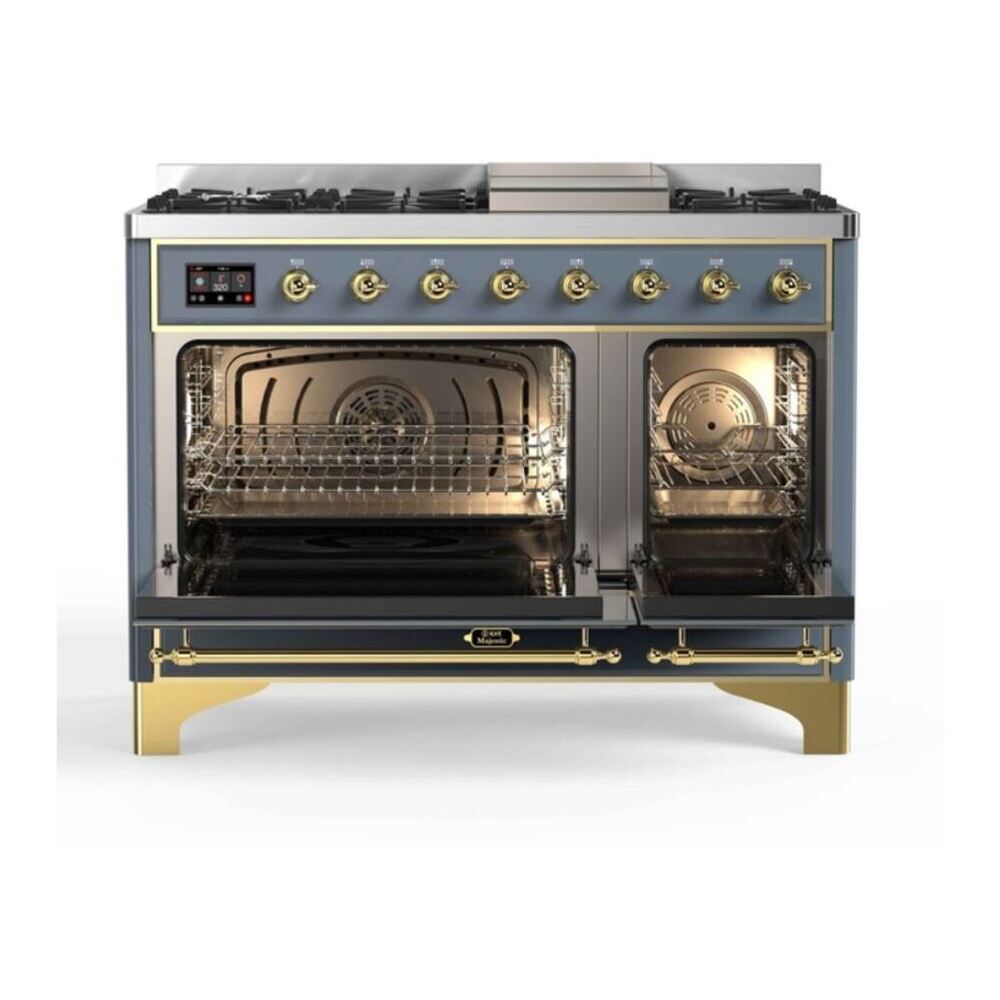 ILVE UM12FDNS3BGG Majestic II 48 inch Dual Fuel Range with 8 Black Brass Burners, Griddle (Natural Gas, Triple Glass Door, Blue Grey, Brass) 5 ILVE_UM12FDNS3BGG_Majestic_II_48"_Dual_Fuel_Range_oven_opened
