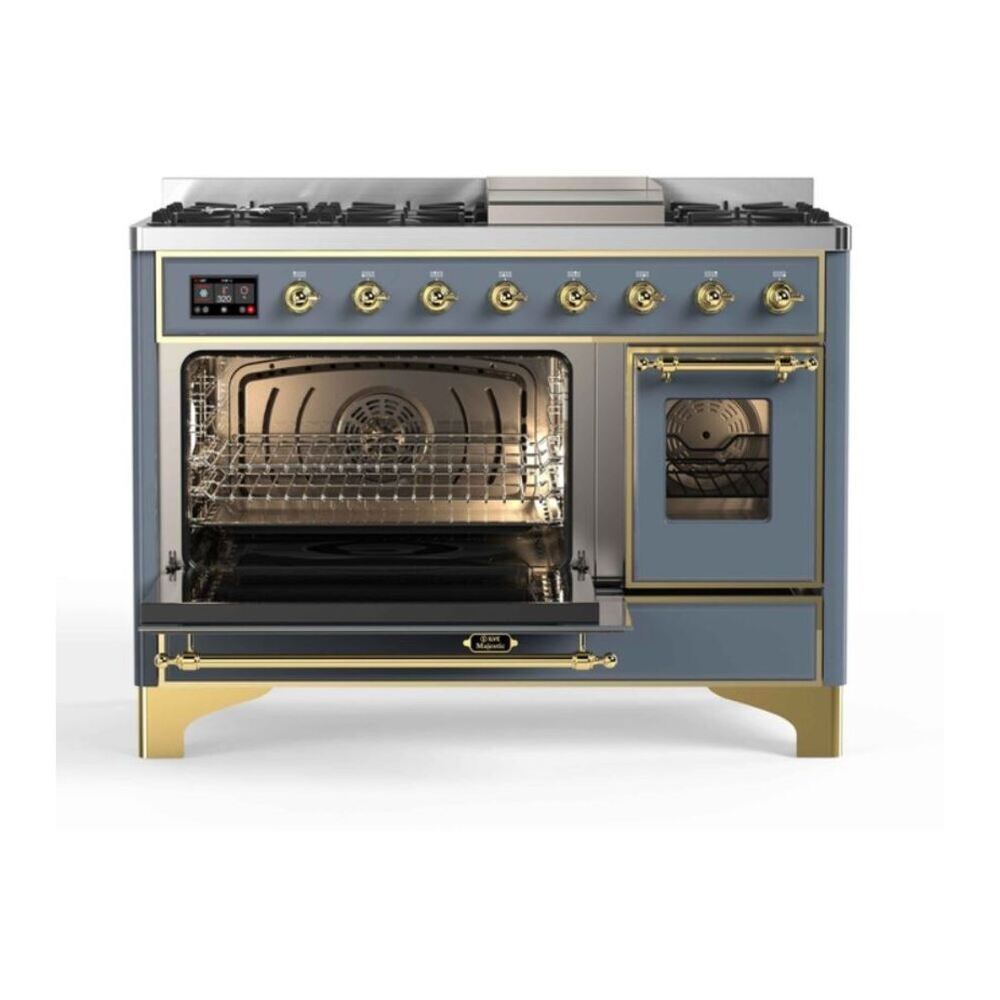 ILVE UM12FDNS3BGG Majestic II 48 inch Dual Fuel Range with 8 Black Brass Burners, Griddle (Natural Gas, Triple Glass Door, Blue Grey, Brass) 6 ILVE_UM12FDNS3BGG_Majestic_II_48"_Dual_Fuel_Range_left_oven