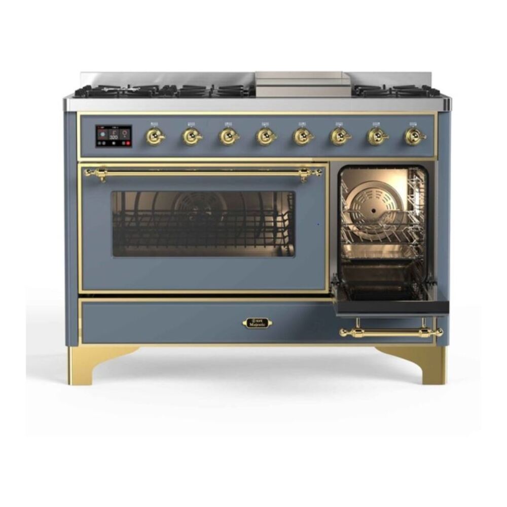 ILVE UM12FDNS3BGG Majestic II 48 inch Dual Fuel Range with 8 Black Brass Burners, Griddle (Natural Gas, Triple Glass Door, Blue Grey, Brass) 7 ILVE_UM12FDNS3BGG_Majestic_II_48"_Dual_Fuel_Range_right_oven