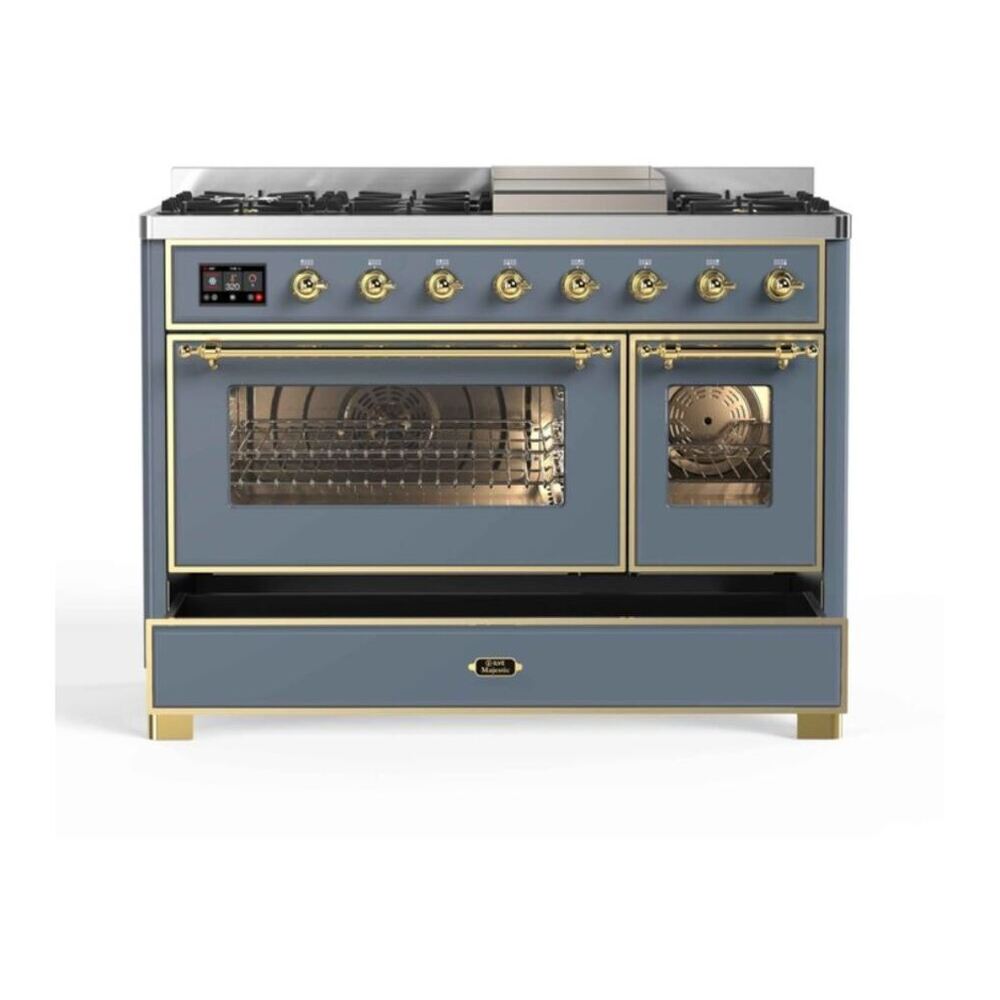 ILVE UM12FDNS3BGG Majestic II 48 inch Dual Fuel Range with 8 Black Brass Burners, Griddle (Natural Gas, Triple Glass Door, Blue Grey, Brass) 8 ILVE_UM12FDNS3BGG_Majestic_II_48"_Dual_Fuel_Range_drawer_opened
