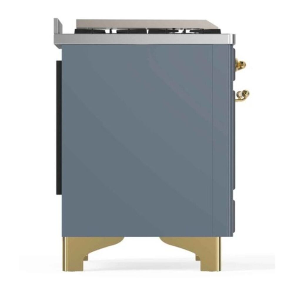 ILVE UM12FDNS3BGG Majestic II 48 inch Dual Fuel Range with 8 Black Brass Burners, Griddle (Natural Gas, Triple Glass Door, Blue Grey, Brass) 11 ILVE_UM12FDNS3BGG_Majestic_II_48"_Dual_Fuel_Range_left_side