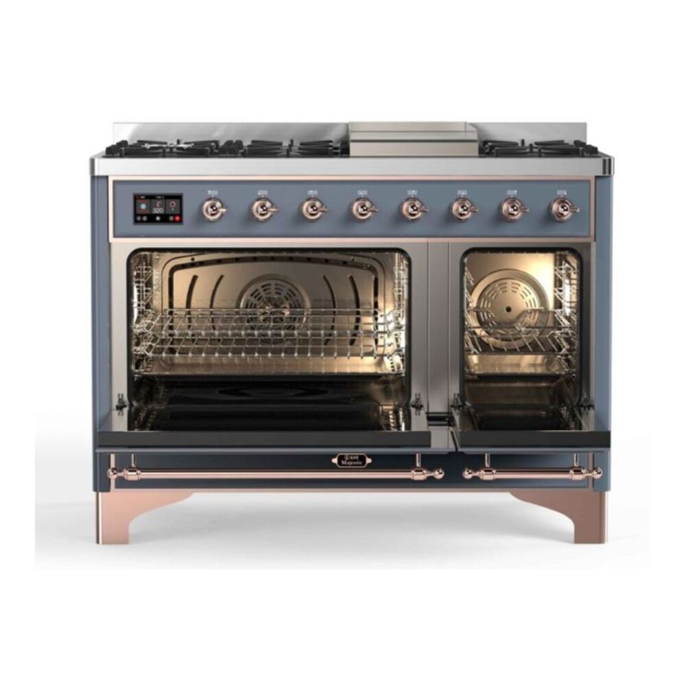 ILVE UM12FDNS3BGPLP Majestic II 48 inch Dual Fuel Range with 8 Black Brass Burners, Griddle (Liquid Propane, Triple Glass Door, Blue Grey, Copper) 5 ILVE_UM12FDNS3BGPLP_Majestic_II_48"_Dual_Fuel_Range_oven_opened
