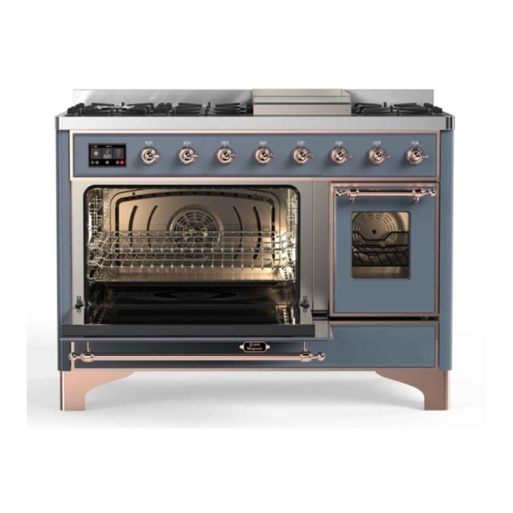 ILVE UM12FDNS3BGPLP Majestic II 48 inch Dual Fuel Range with 8 Black Brass Burners, Griddle (Liquid Propane, Triple Glass Door, Blue Grey, Copper) 6 ILVE_UM12FDNS3BGPLP_Majestic_II_48"_Dual_Fuel_Range_left_oven