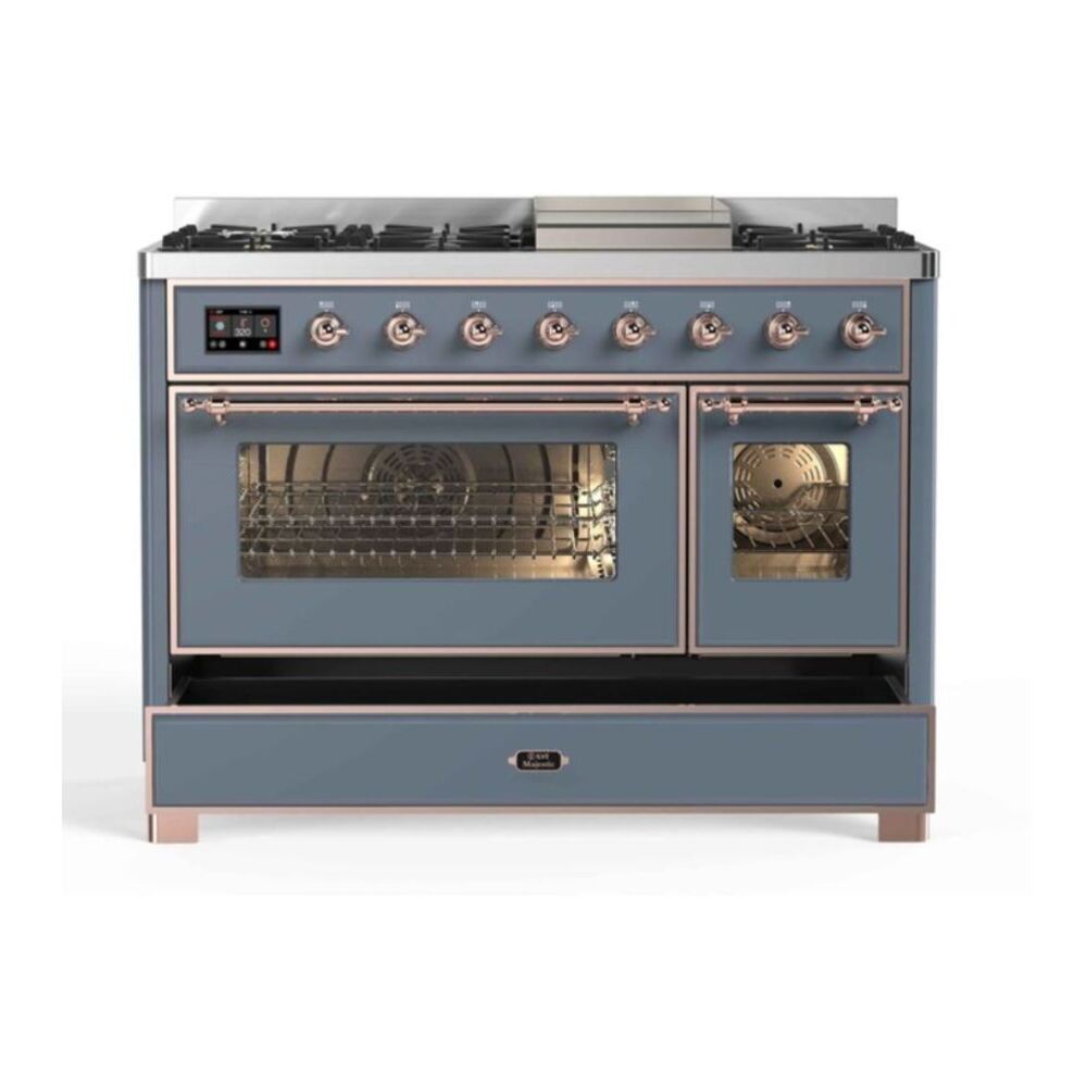 ILVE UM12FDNS3BGP Majestic II 48 inch Dual Fuel Range with 8 Black Brass Burners, Griddle (Natural Gas, Triple Glass Door, Blue Grey, Copper) 5 ILVE_UM12FDNS3BGP_Majestic_II_48"_Dual_Fuel_Range_drawer_opened