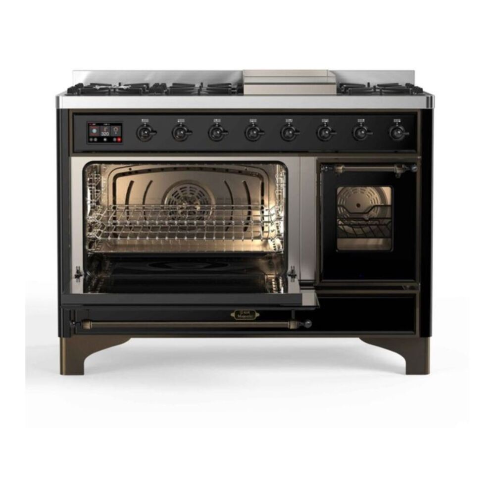 ILVE UM12FDNS3BKBLP Majestic II 48 inch Dual Fuel Range with 8 Black Brass Burners, Griddle (Liquid Propane, Triple Glass Door, Glossy Black, Burnished) 7 ILVE UM12F Majestic II 48 inch Dual Fuel Range with 8 Burners, Griddle