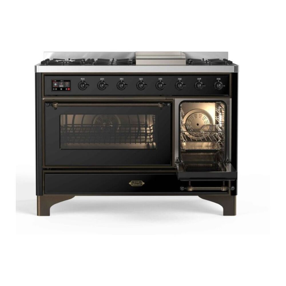 ILVE UM12FDNS3BKB Majestic II 48 inch Dual Fuel Range with 8 Black Brass Burners, Griddle (Natural Gas, Triple Glass Door, Glossy Black, Burnished) 8 ILVE UM12F Majestic II 48 inch Dual Fuel Range with 8 Burners, Griddle