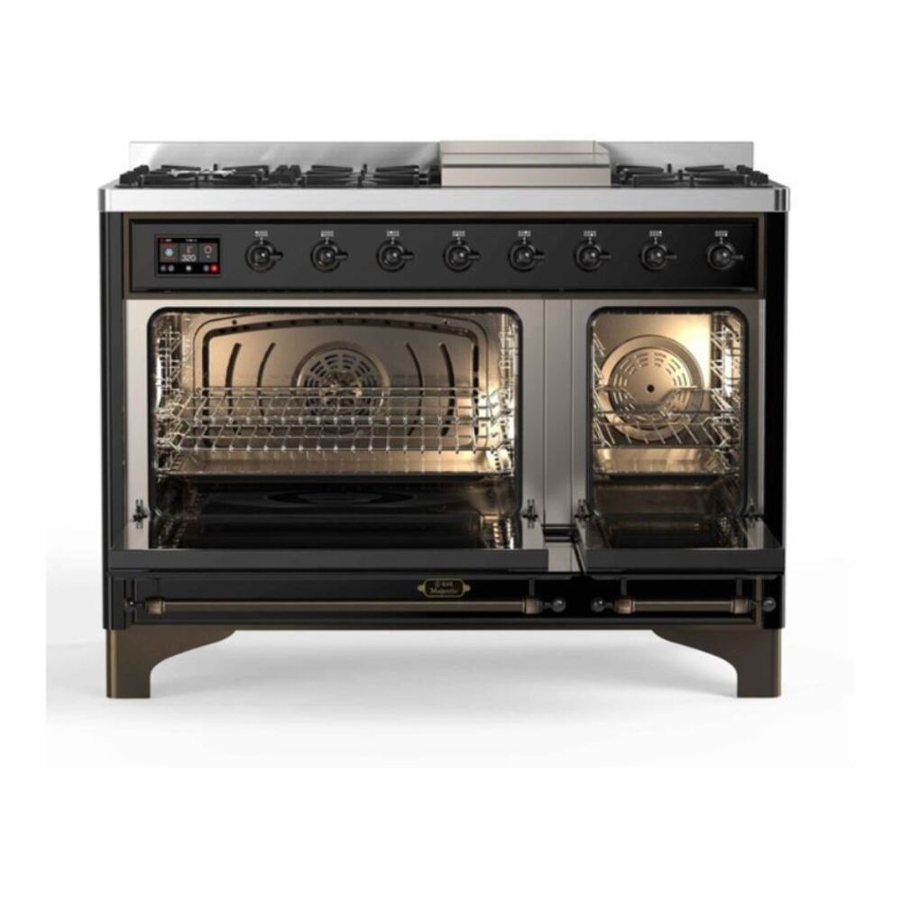 ILVE UM12FDNS3BKB Majestic II 48 inch Dual Fuel Range with 8 Black Brass Burners, Griddle (Natural Gas, Triple Glass Door, Glossy Black, Burnished) 6 ILVE_UM12FDNS3BKB_Majestic_II_48_Dual_Fuel_Range_Top_Angle