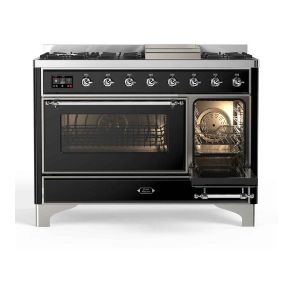 ILVE UM12FDNS3BKCLP Majestic II 48 inch Dual Fuel Range with 8 Black Brass Burners, Griddle (Liquid Propane, Triple Glass Door, Glossy Black, Chrome) 4 ILVE_UM12FDNS3BKCLP_Majestic_II_48"_Dual_Fuel_Range_right_oven