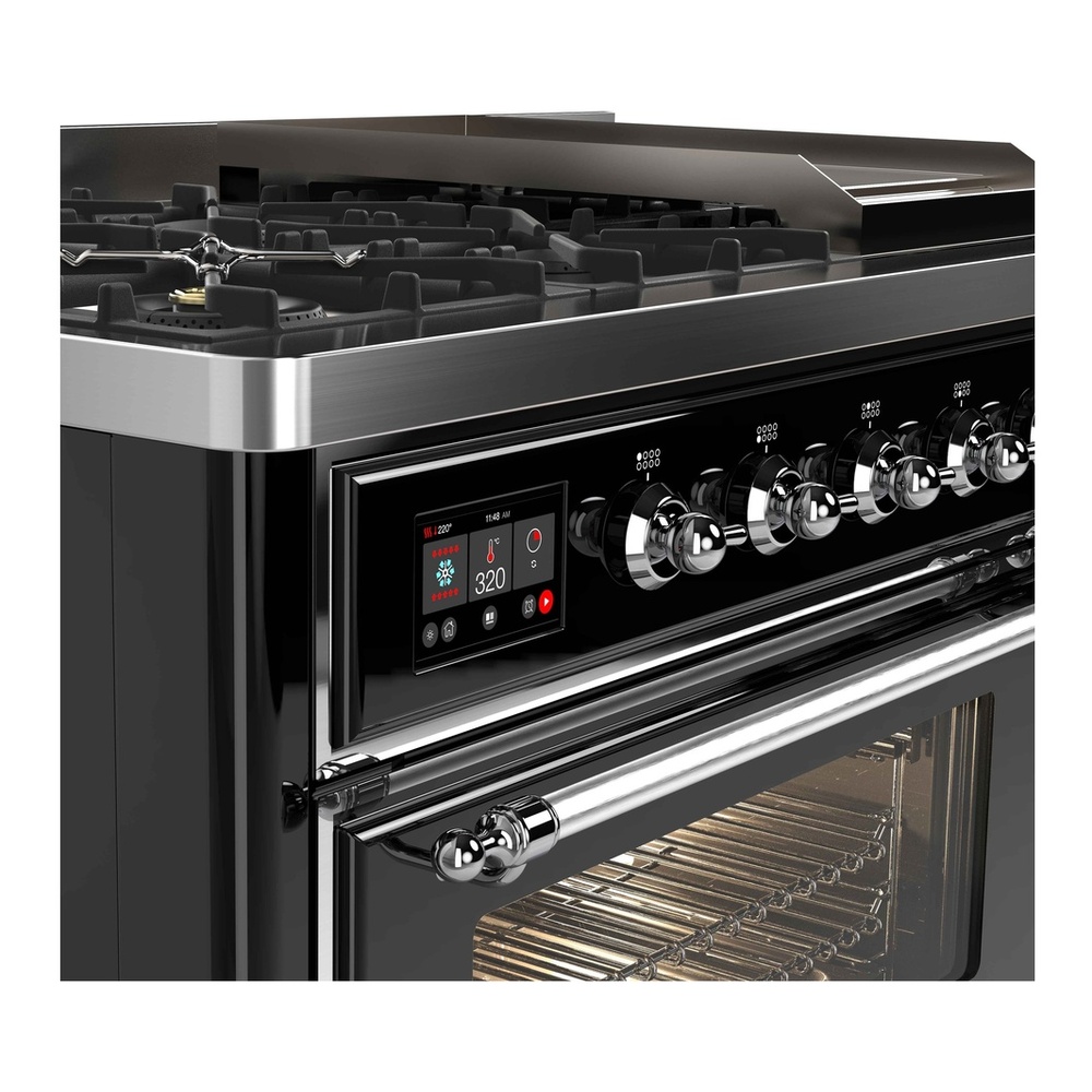 ILVE UM12FDNS3BKC Majestic II 48 inch Dual Fuel Range with 8 Black Brass Burners, Griddle (Natural Gas, Triple Glass Door, Glossy Black, Chrome) 9 ILVE_UM12FDNS3BKC_Majestic_II_48"_Dual_Fuel_Range_front