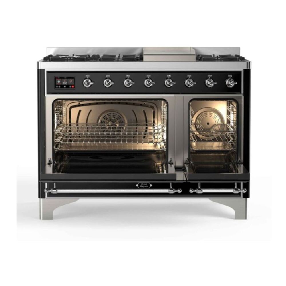 ILVE UM12FDNS3BKC Majestic II 48 inch Dual Fuel Range with 8 Black Brass Burners, Griddle (Natural Gas, Triple Glass Door, Glossy Black, Chrome) 5 ILVE_UM12FDNS3BKC_Majestic_II_48"_Dual_Fuel_Range_oven_opened