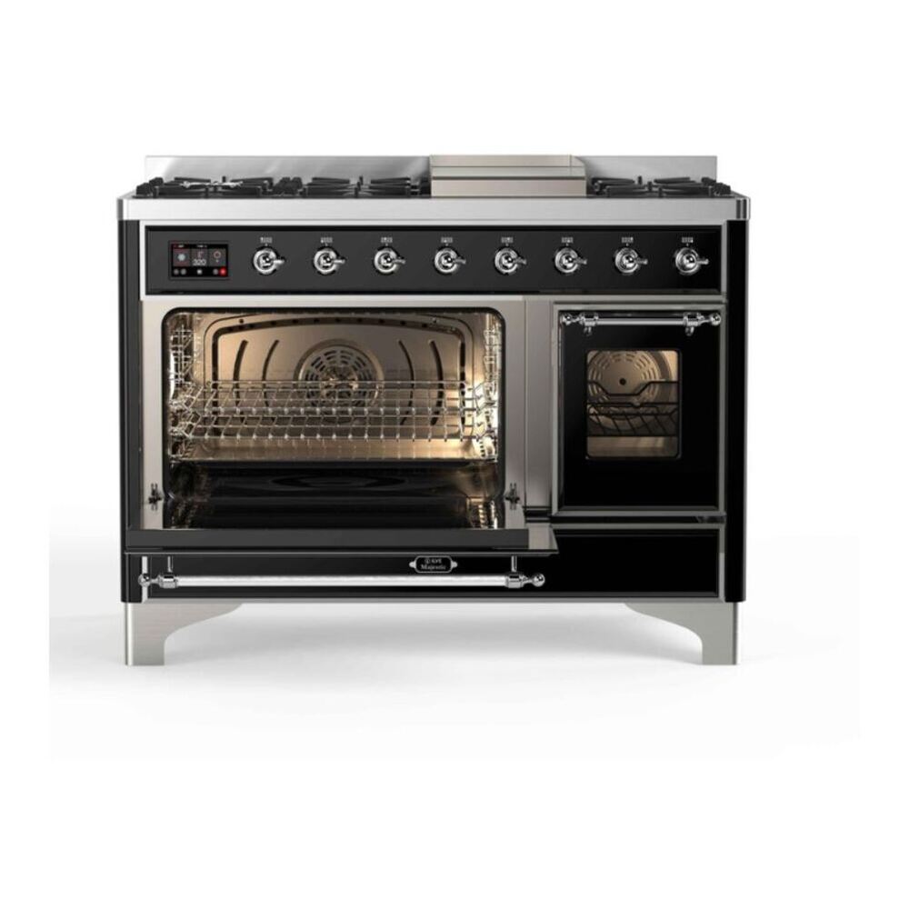 ILVE UM12FDNS3BKC Majestic II 48 inch Dual Fuel Range with 8 Black Brass Burners, Griddle (Natural Gas, Triple Glass Door, Glossy Black, Chrome) 6 ILVE_UM12FDNS3BKC_Majestic_II_48"_Dual_Fuel_Range_left_oven