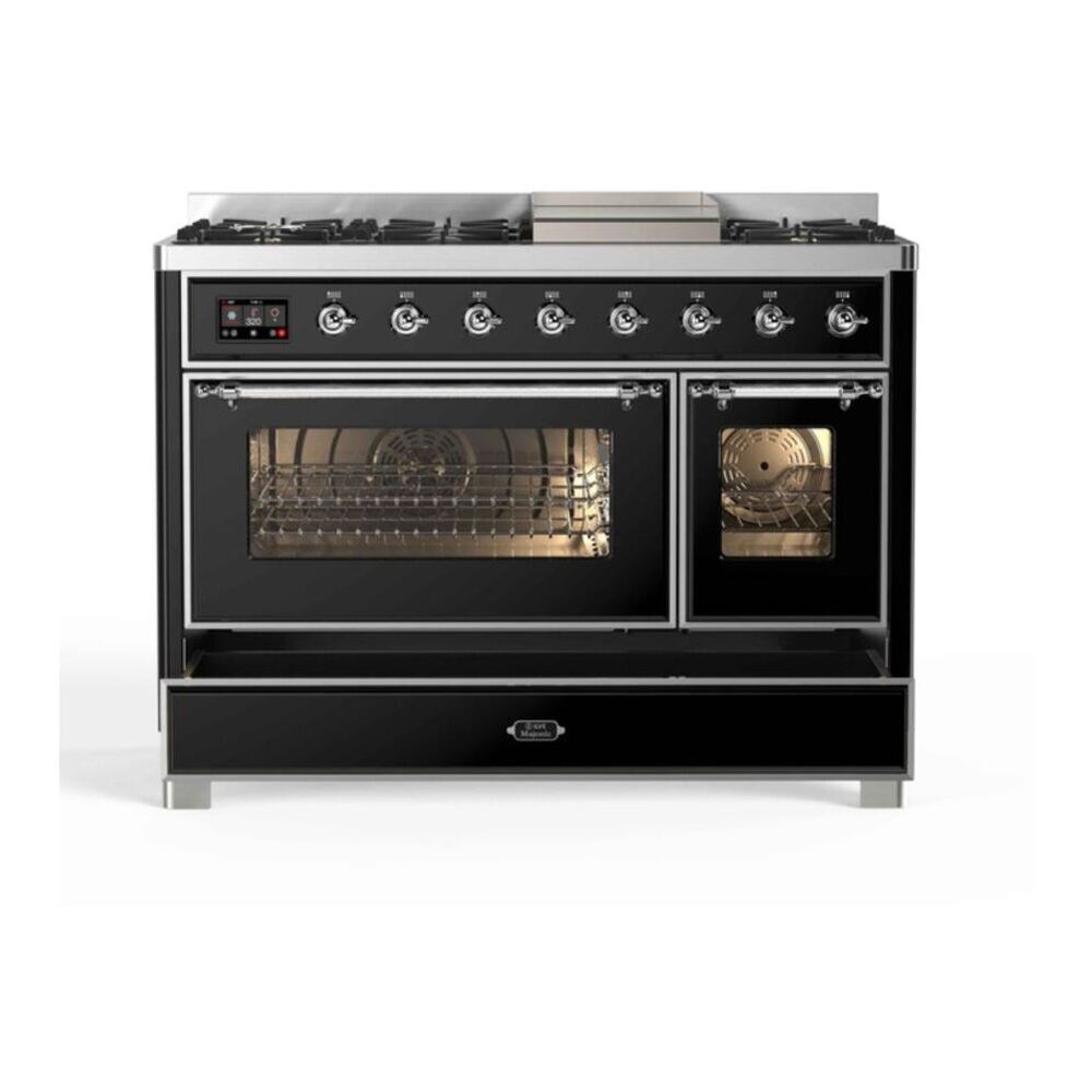 ILVE UM12FDNS3BKC Majestic II 48 inch Dual Fuel Range with 8 Black Brass Burners, Griddle (Natural Gas, Triple Glass Door, Glossy Black, Chrome) 8 ILVE_UM12FDNS3BKC_Majestic_II_48"_Dual_Fuel_Range_drawer_opened
