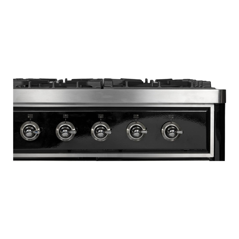 ILVE UM12FDNS3BKC Majestic II 48 inch Dual Fuel Range with 8 Black Brass Burners, Griddle (Natural Gas, Triple Glass Door, Glossy Black, Chrome) 14 ILVE_UM12FDNS3BKC_Close_Up_Details