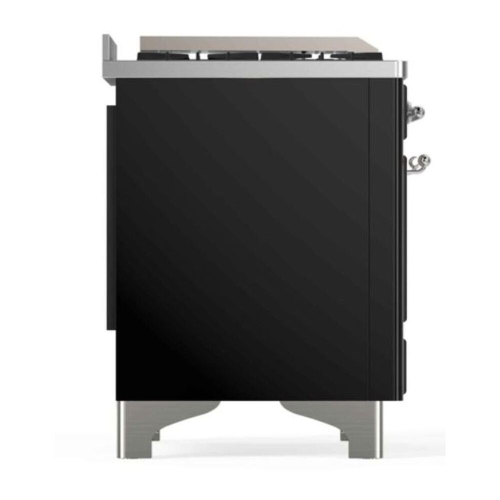 ILVE UM12FDNS3BKC Majestic II 48 inch Dual Fuel Range with 8 Black Brass Burners, Griddle (Natural Gas, Triple Glass Door, Glossy Black, Chrome) 11 ILVE_UM12FDNS3BKC_Majestic_II_left_side