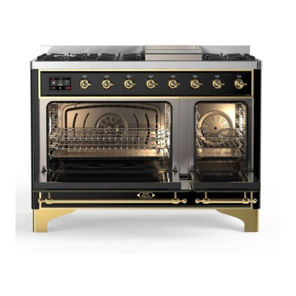 ILVE UM12FDNS3BKGLP Majestic II 48 inch Dual Fuel Range with 8 Black Brass Burners, Griddle (Liquid Propane, Triple Glass Door, Glossy Black, Brass) 6 ILVE_UM12FDNS3BKGLP_Majestic_II_48"_Dual_Fuel_Range_oven_opened