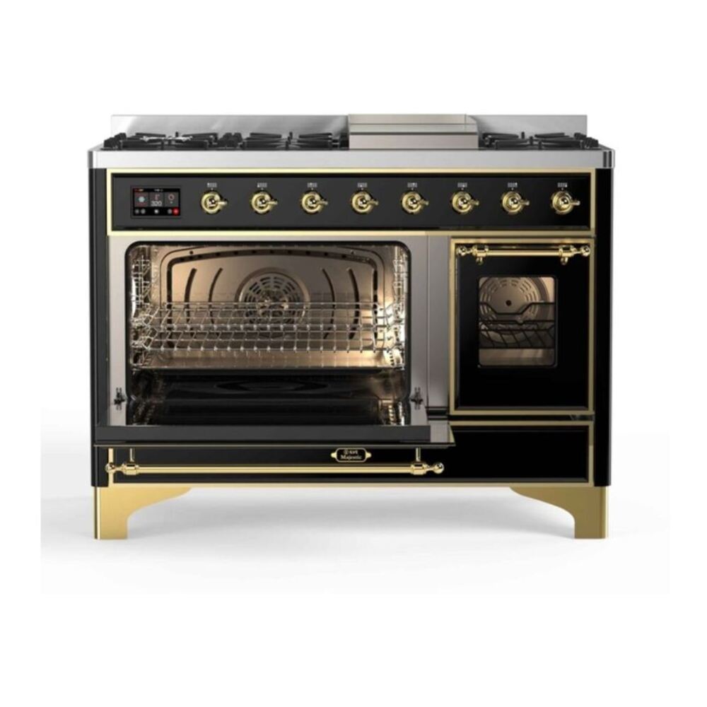 ILVE UM12FDNS3BKGLP Majestic II 48 inch Dual Fuel Range with 8 Black Brass Burners, Griddle (Liquid Propane, Triple Glass Door, Glossy Black, Brass) 7 ILVE_UM12FDNS3BKGLP_Majestic_II_48"_Dual_Fuel_Range_left_oven