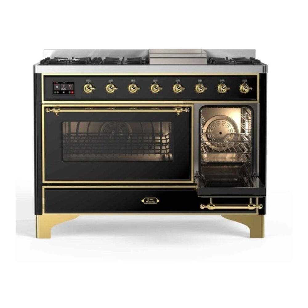 ILVE UM12FDNS3BKGLP Majestic II 48 inch Dual Fuel Range with 8 Black Brass Burners, Griddle (Liquid Propane, Triple Glass Door, Glossy Black, Brass) 8 ILVE_UM12FDNS3BKGLP_Majestic_II_48"_Dual_Fuel_Range_right_oven