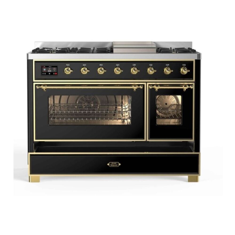 ILVE UM12FDNS3BKGLP Majestic II 48 inch Dual Fuel Range with 8 Black Brass Burners, Griddle (Liquid Propane, Triple Glass Door, Glossy Black, Brass) 9 ILVE_UM12FDNS3BKGLP_Majestic_II_48"_Dual_Fuel_Range_drawer_opened