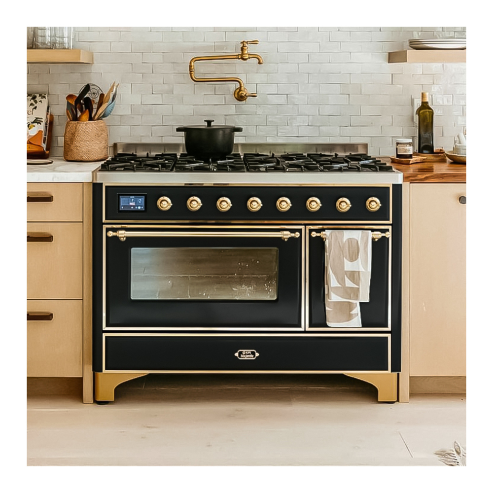 ILVE UM12FDNS3BKGLP Majestic II 48 inch Dual Fuel Range with 8 Black Brass Burners, Griddle (Liquid Propane, Triple Glass Door, Glossy Black, Brass) 5 UM12FDNS3BKGLP-lifestyle