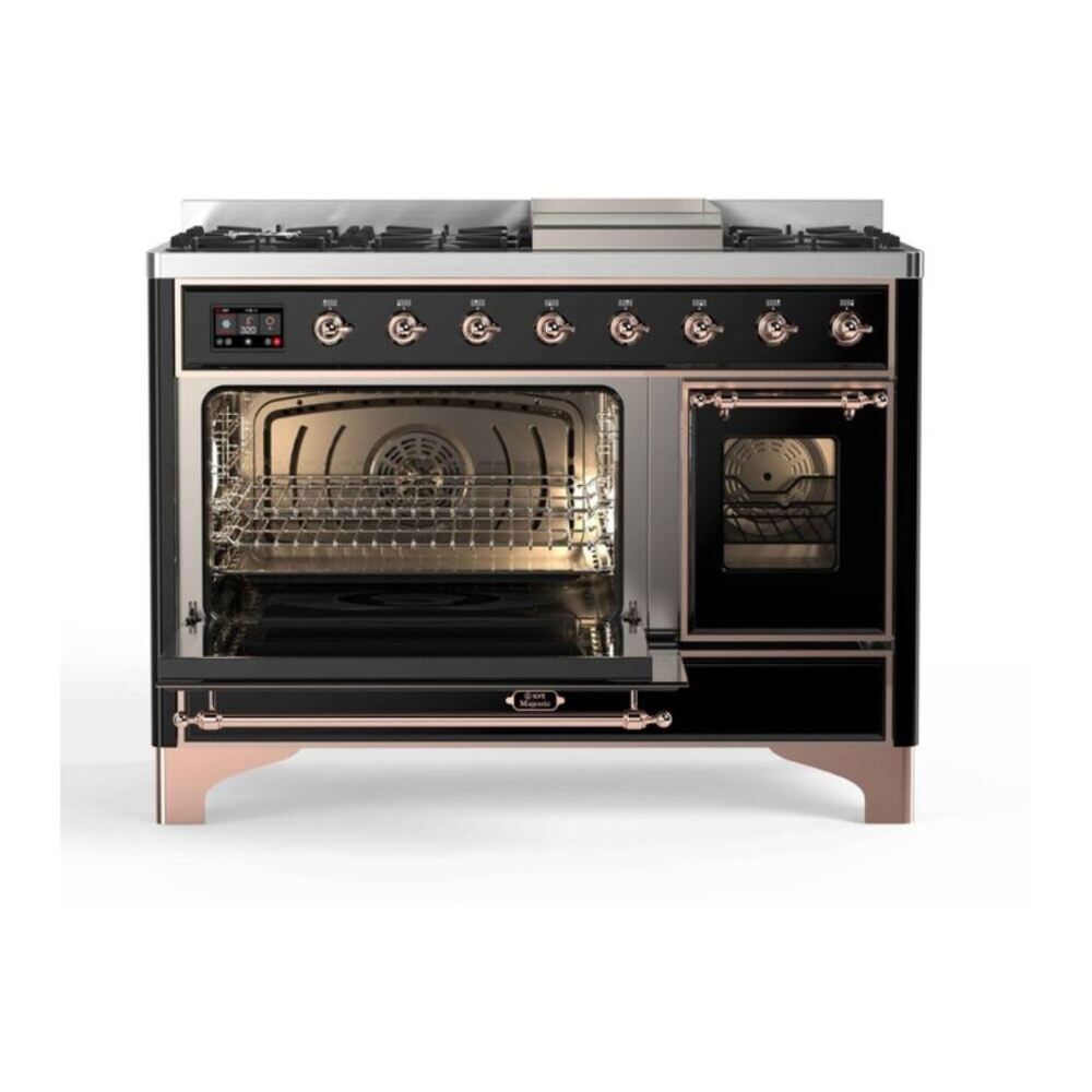 ILVE UM12FDNS3BKPLP Majestic II 48 inch Dual Fuel Range with 8 Black Brass Burners, Griddle (Liquid Propane, Triple Glass Door, Glossy Black, Copper) 6 ILVE UM12F Majestic II 48 inch Dual Fuel Range with 8 Burners, Griddle