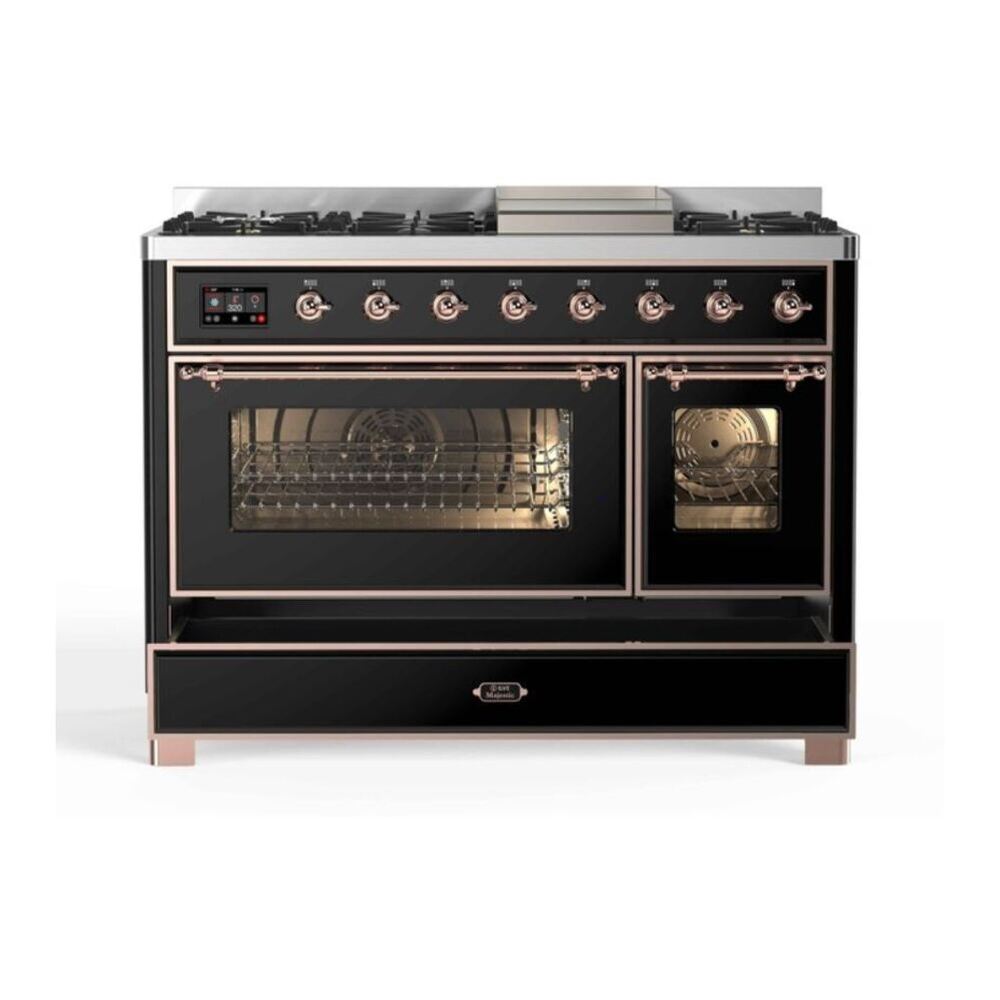 ILVE UM12FDNS3BKP Majestic II 48 inch Dual Fuel Range with 8 Black Brass Burners, Griddle (Natural Gas, Triple Glass Door, Glossy Black, Copper) 8 ILVE UM12F Majestic II 48 inch Dual Fuel Range with 8 Burners, Griddle