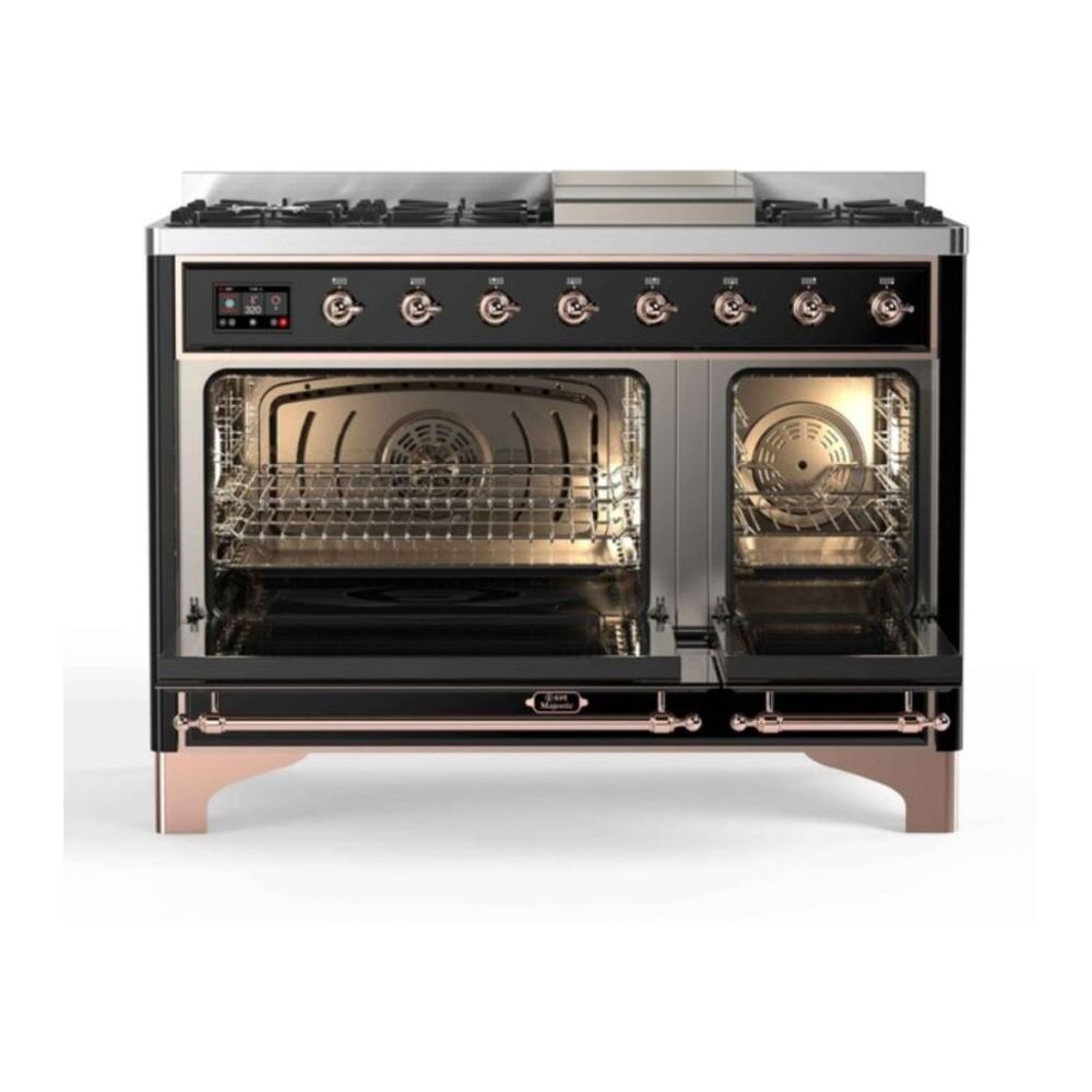 ILVE UM12FDNS3BKP Majestic II 48 inch Dual Fuel Range with 8 Black Brass Burners, Griddle (Natural Gas, Triple Glass Door, Glossy Black, Copper) 5 ILVE_UM12FDNS3BKP_Majestic_II_48_Dual_Fuel_Range_Top_Angle