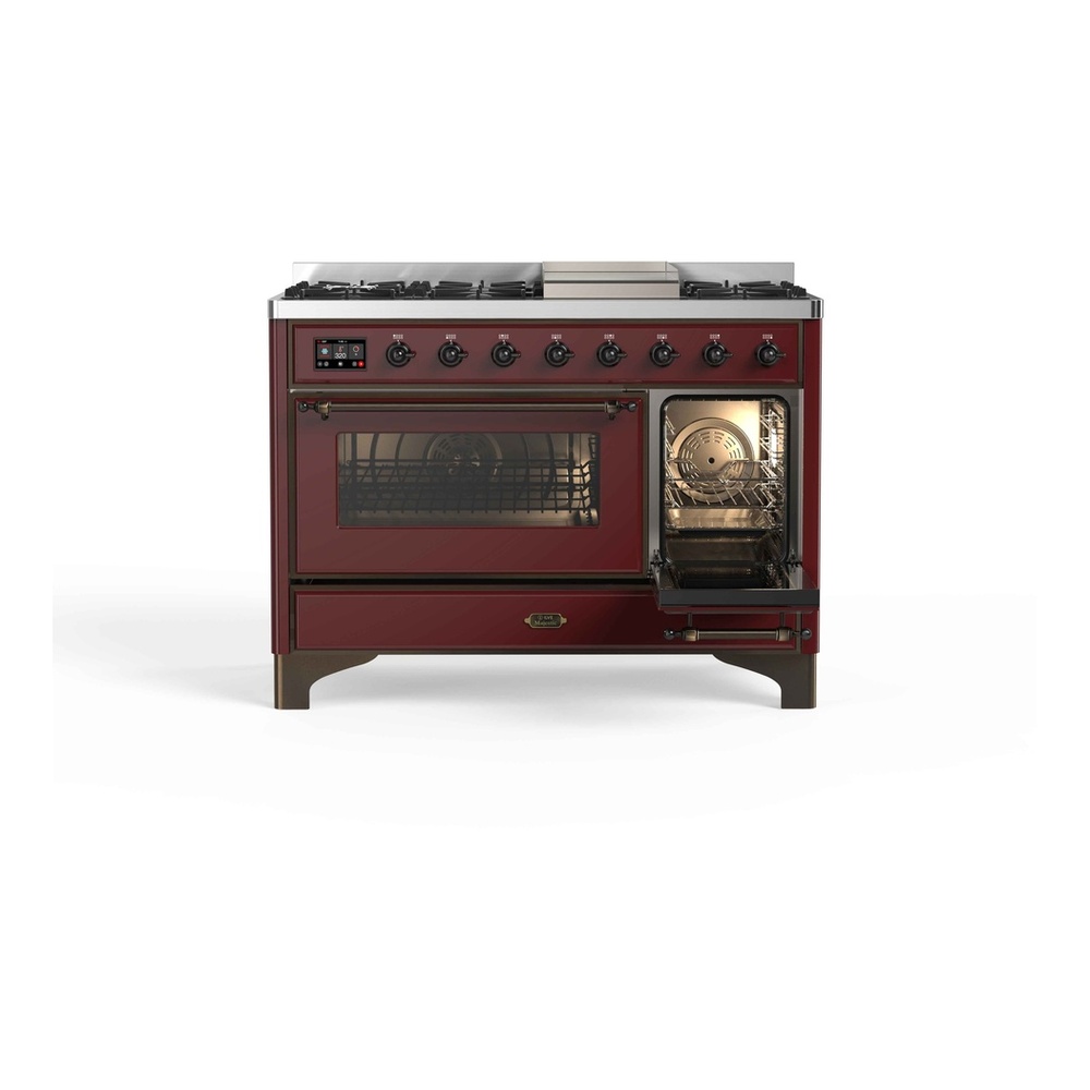ILVE UM12FDNS3BUBLP Majestic II 48 inch Dual Fuel Range with 8 Black Brass Burners, Griddle (Liquid Propane, Triple Glass Door, Burgundy, Burnished) 8 ILVE UM12F Majestic II 48 inch Dual Fuel Range with 8 Burners, Griddle